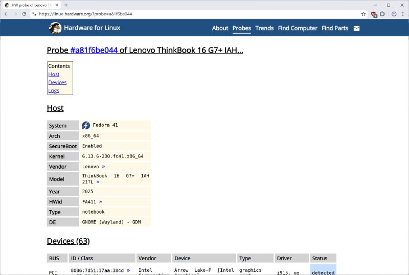 Linux Hardware Database 是一个在线查看电脑硬件在不同发行版的支持情况的网站，详细的硬件设备会有三种状态：1.works 代表完全工作