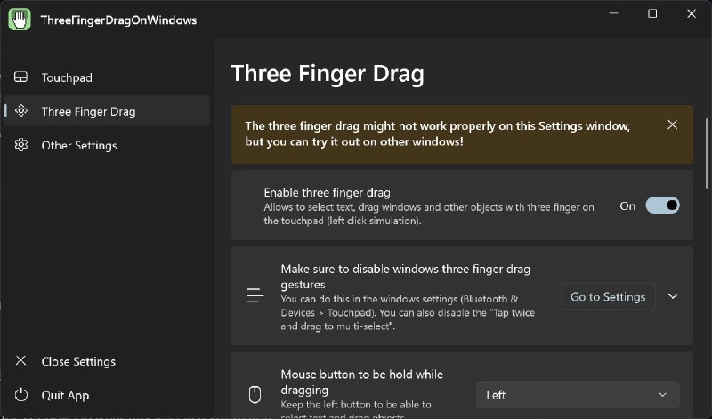 ThreeFingerDragOnWindows在 #Windows 笔记本上支持像 #macOS 一样的三指拖拽手势现在很多笔记本都配备了全域压感触摸板（ForcePad），配合这个使用很不错！我在 ThinkBook16+ 2025 IAH 下使用这个，和 MacBook 几乎差不多的体验