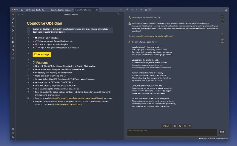 #插件 #工具 #辅助 #AI Copilot for Obsidian - 一个集成在 Obsidian 中的 Copilot 助手▎插件功能：AI 助手▎插件介绍：一个在可以 Obsidian 中使用 ChatGPT Copilot 的项目