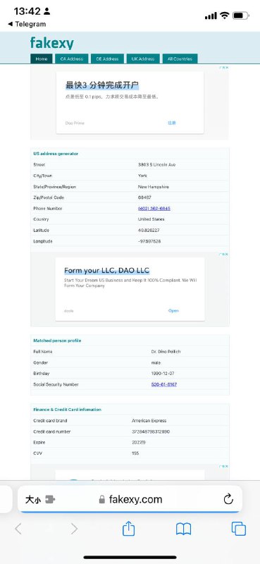美国虚拟地址生成器，刷新一次就是一个新地址，还包括社会安全码和CVV等～