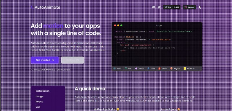 AutoAnimate无需任何配置，一行代码自动为元素添加优雅的过渡动画，可以搭配 Vue / React 和 Sevelt 使用