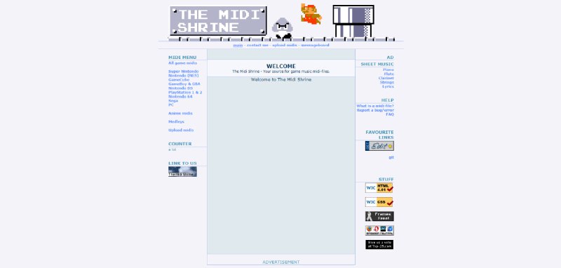 #游戏 #音乐 The Midi Shrine 电子游戏音乐 MIDI 文件资源库，按平台与标题进行分类整理，包括 NES、SNES、Game Boy、PlayStation 以及其他老式主机的主题曲与背景音乐，可浏览各类别、选择具体游戏章节并直接下载单个或打包的 MIDI 文件，《塞尔达传说》《洛克人》《超级马里奥》《Fire Emblem》等经典游戏均可查找，完全免费，无需注册